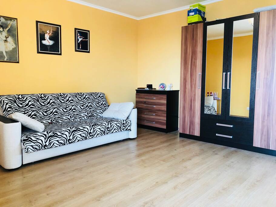 this is the main room with a sofa bed, chest of drawers, cupboard