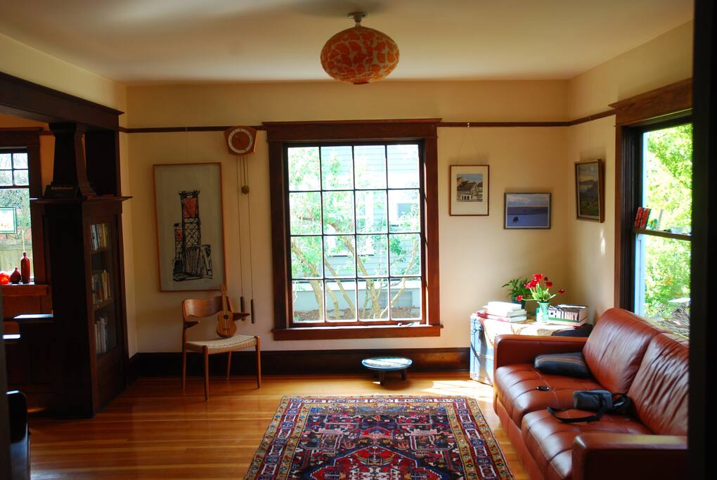 Bright living room with leather couch