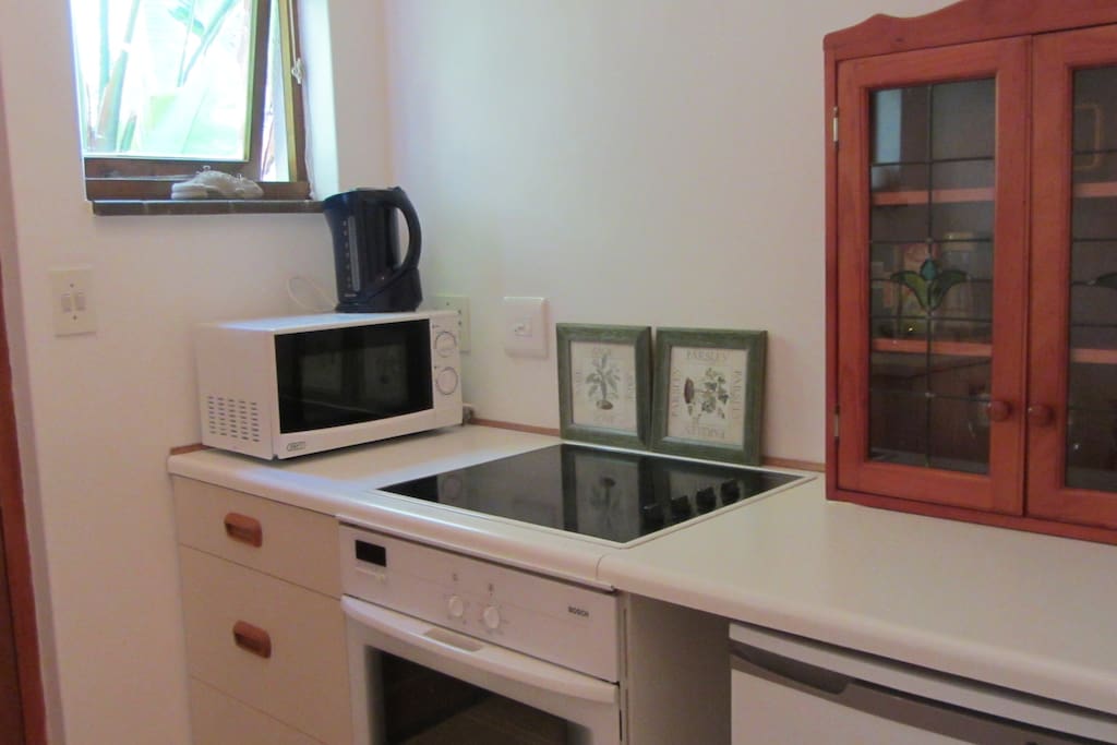 Fully equipment kitchen with stove, microwave and fridge