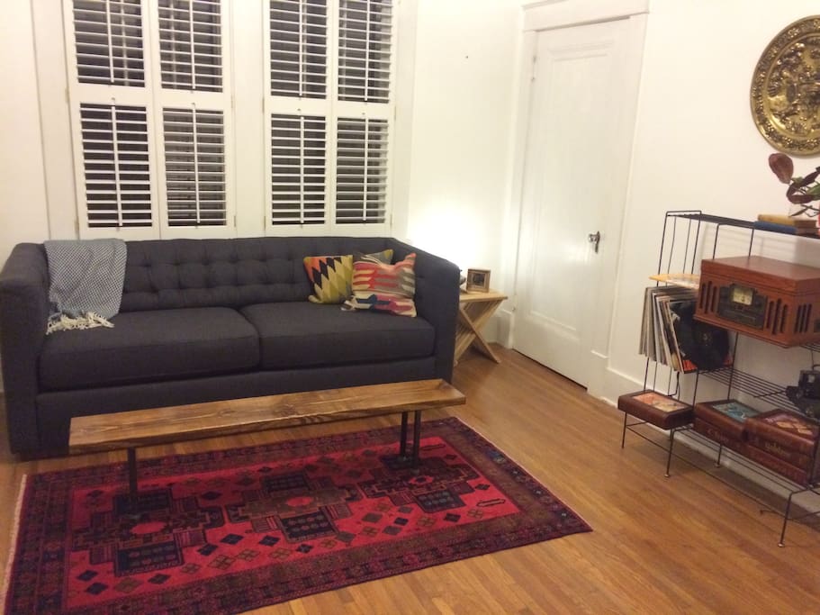 sofa bed with queen sized mattress.