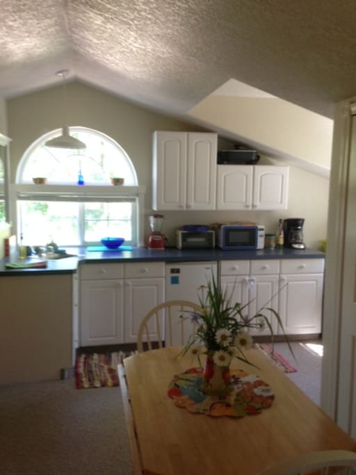 The private kitchenette overlooking the garden and woods.