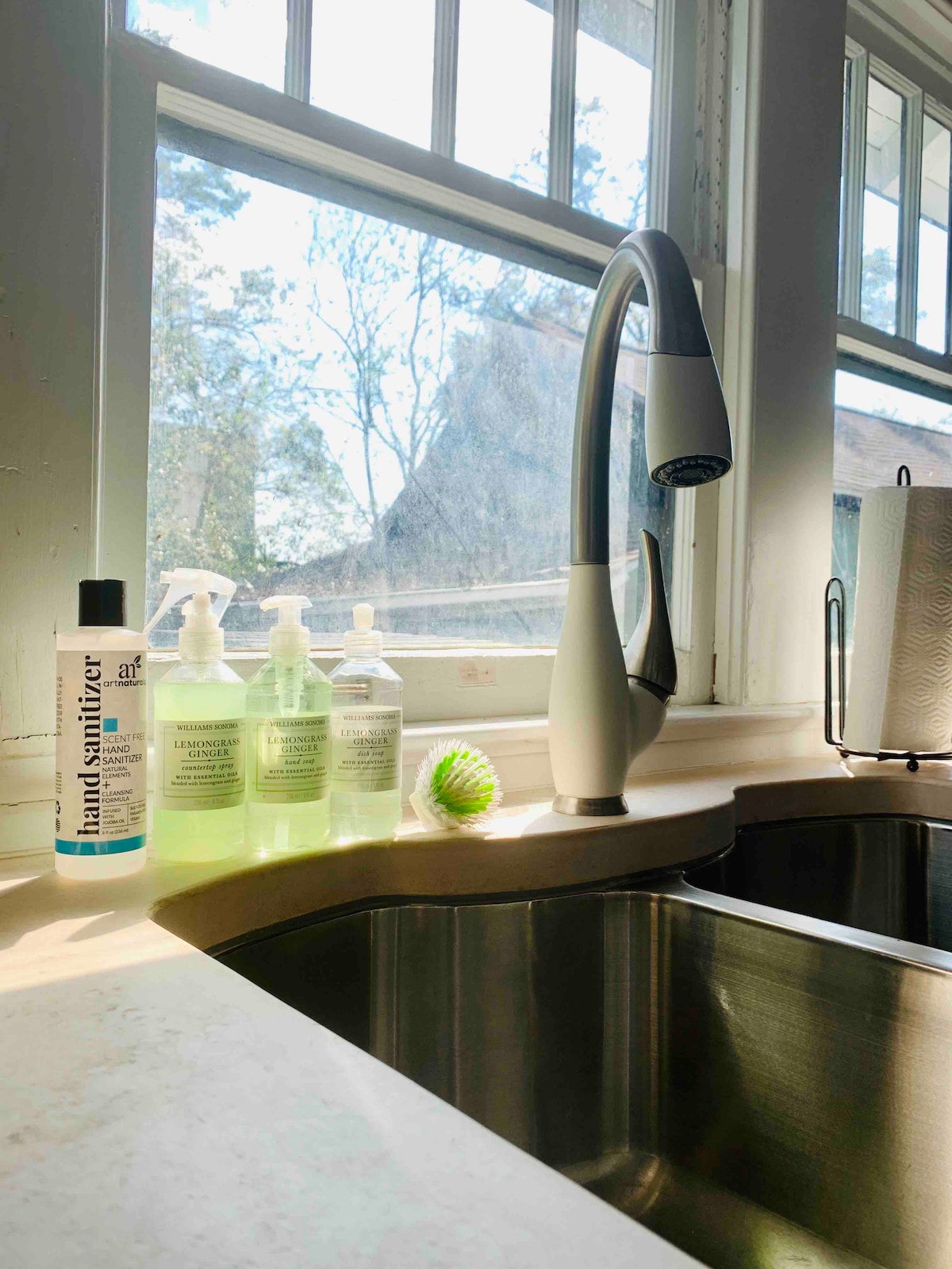 A well-lit kitchen sink area features a modern faucet alongside bottles of hand sanitizer and dish soap. Natural light filters through the nearby window, illuminating the clean, organized countertop, which also displays a small green cleaning tool.