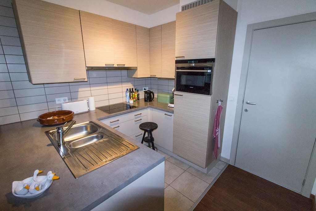 De spiksplinternieuwe keuken heeft alle benodigdheden/ the brand new kitchen contains all necessary appliances
