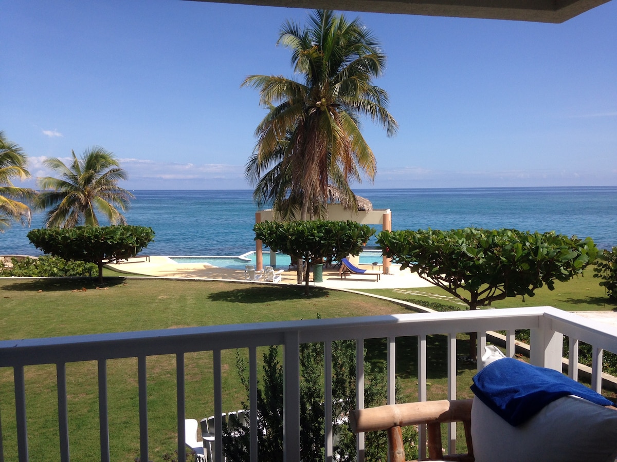 A serene view of the ocean is presented from the patio, framed by palm trees and lush green foliage. The water shimmers invitingly under a clear sky, with the distant outline of a pool area visible. The scene conveys a peaceful coastal atmosphere.