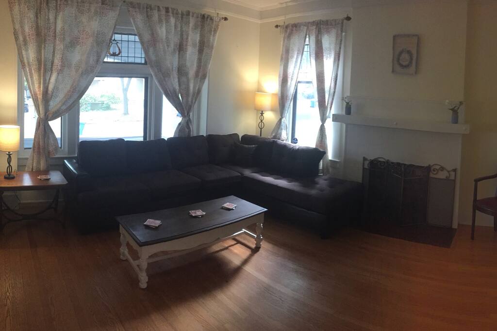 Spacious living room with large picture windows
