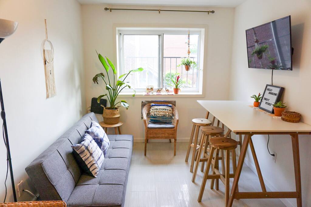 Natural light fills living room and dining bar with 40" TV with free Netflix and 50+ channels
