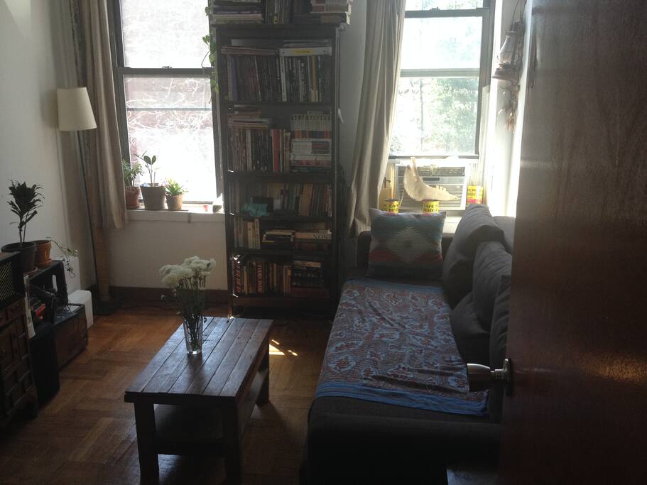 Living room with sofa bed, super easy to pull out with storage inside for bedding.