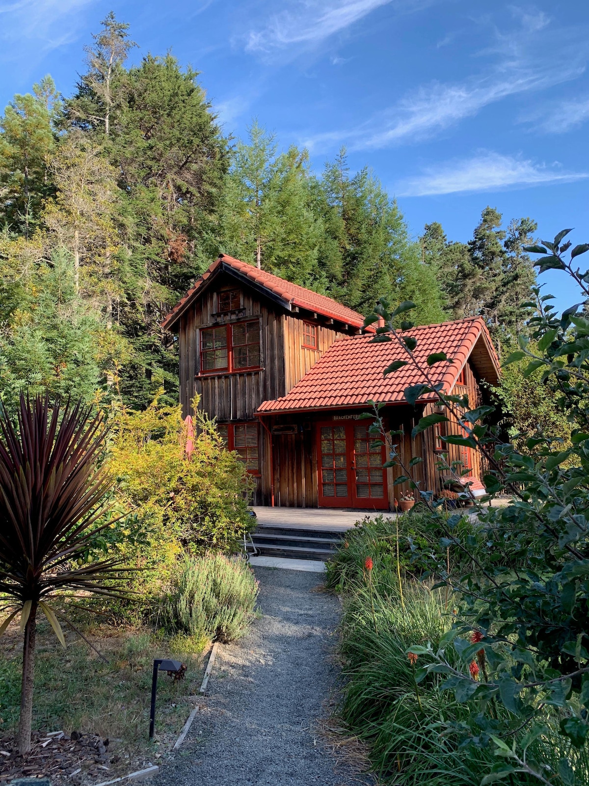The cabin's exterior is shown, featuring natural wood siding and a terracotta roof. A stone pathway leading to the entrance is flanked by lush greenery, including shrubs and small trees. The surrounding landscape is dense with forest, enhancing the cabin's secluded feel.