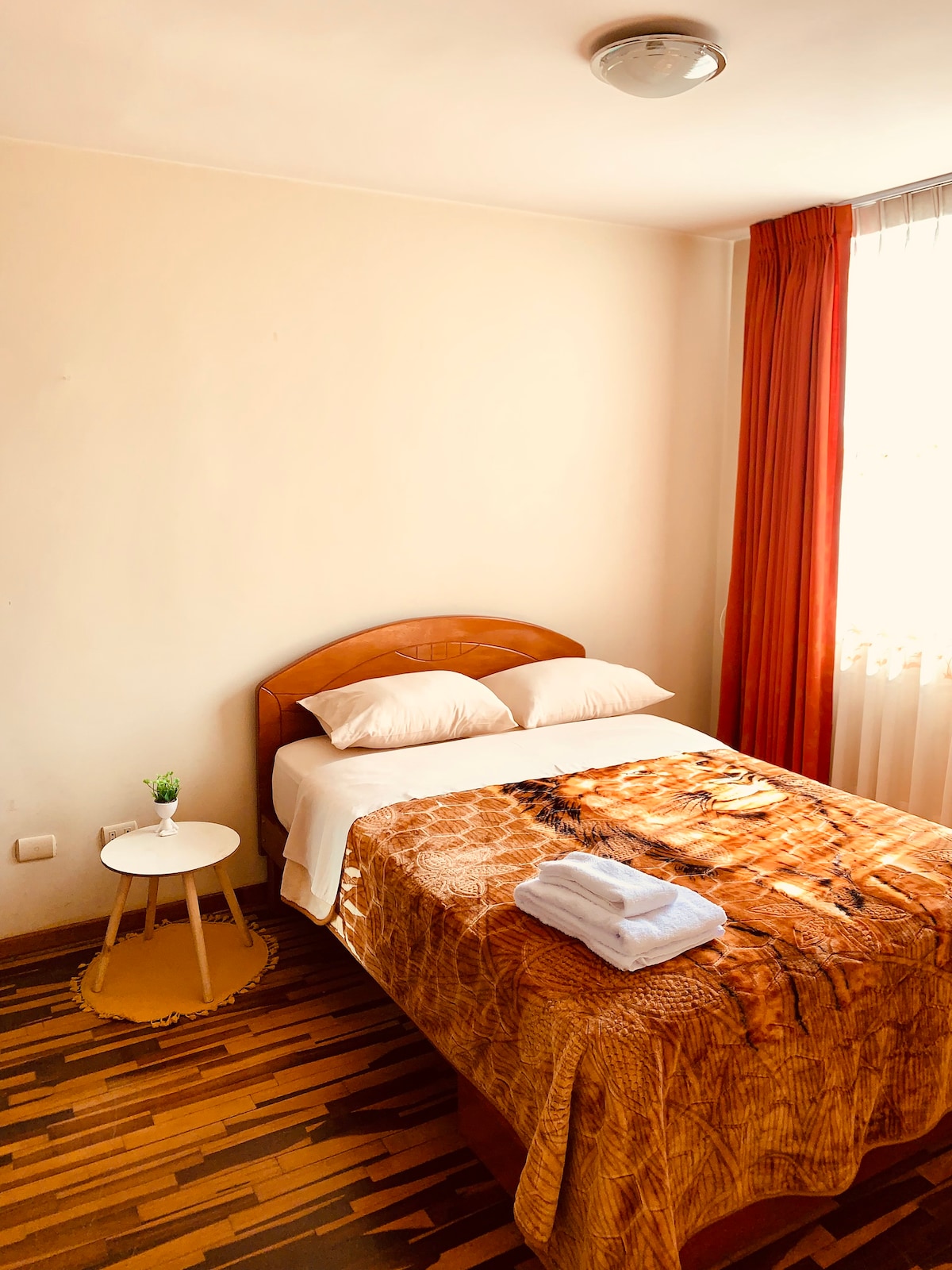 Habitación principal con doble cortina (tipo blackout y tul) lo que garantiza un sueño reparador para todos los huéspedes.