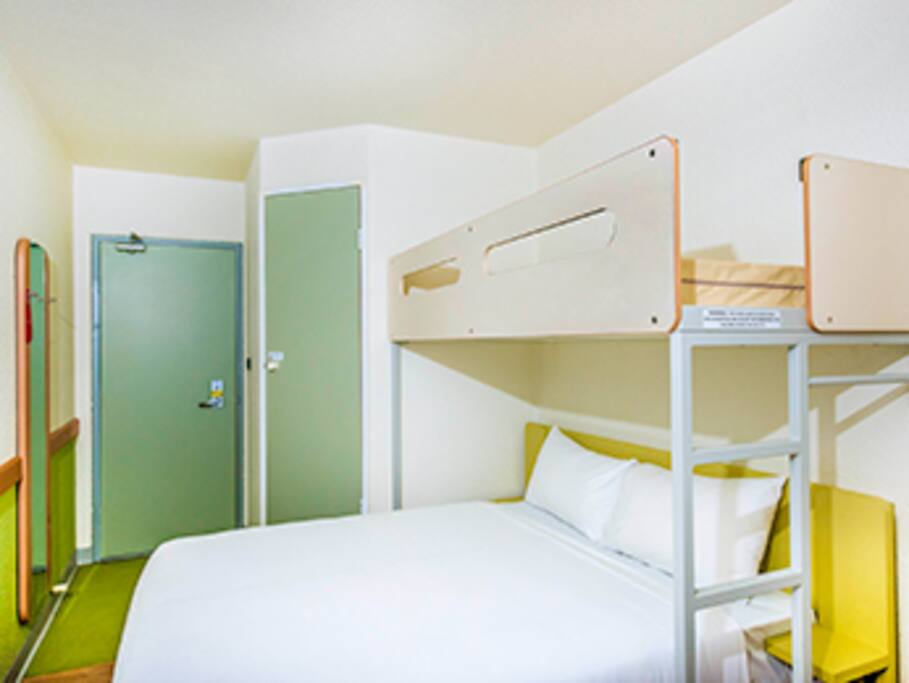 Bright and clean room with 1 queen bed and 1 bunk bed