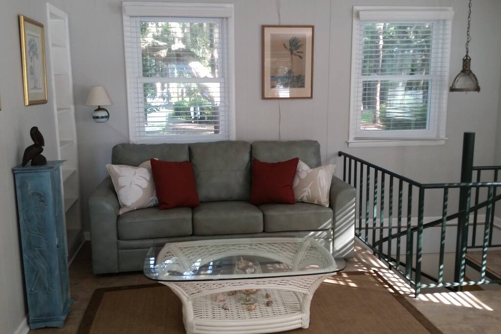 Pull out couch that sleeps 2 in the upstairs great room of the Cottage.