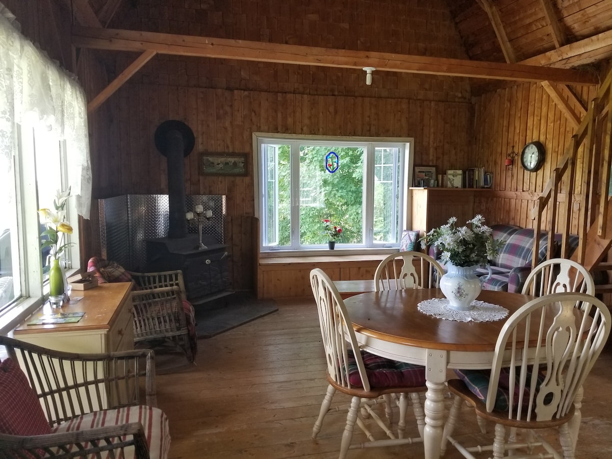 The interior of the cabin features wooden walls and high, sloped ceilings. A round dining table is set near a large window, providing views of the surrounding nature. A comfortable seating area is arranged with a patterned sofa and a small decorative table. A wood stove is positioned against one wall.
