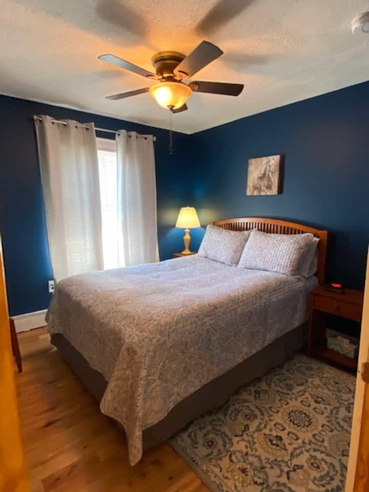 Dhomë gjumi për vizitorë me krevat dopio "Queen" (me pendë).  Pamje e bukur e fushave nga kjo dritare.  Televizor inteligjent në mur. 