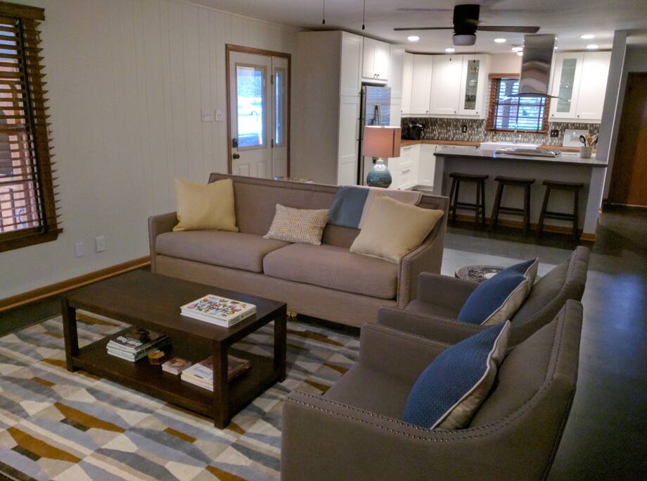 A comfy sofa and chairs await you