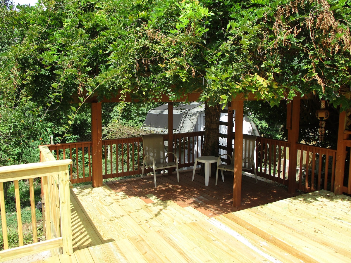 A shaded deck is provided, featuring wooden flooring and a sturdy wooden railing. Two chairs and a small table are set underneath a leafy canopy, with a serene view of the surrounding greenery. Sunlight filters through the leaves, creating a peaceful outdoor retreat.