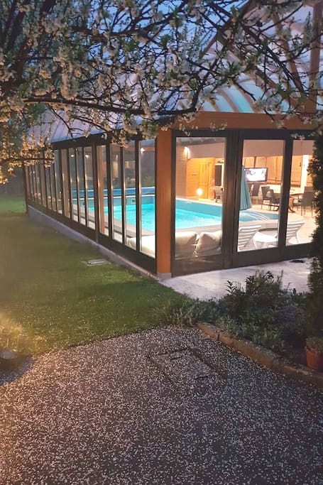 Pool by night, ideal for swimming in magical atmosphere that hot water makes.