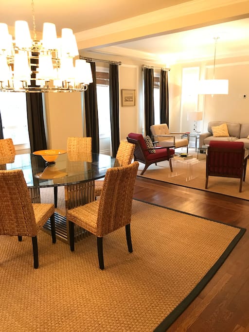 Large, light-filled living room and dining room