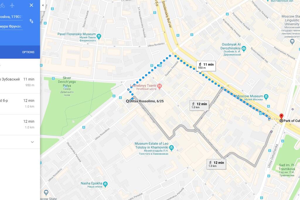 10 minutes walk to Park Kultury metro station