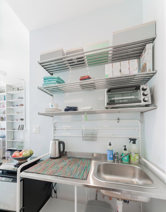 New kitchenette fully equipped with mini fridge, hot plate, electric kettle, toaster oven