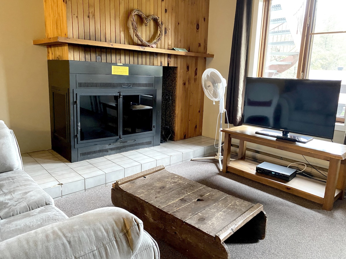 The living area features a cozy fireplace with a wooden mantel and heart-shaped decor above it. A comfortable gray couch and a rustic wooden coffee table are visible. A flat-screen TV sits atop a light wooden TV stand, with natural light streaming through the nearby window.