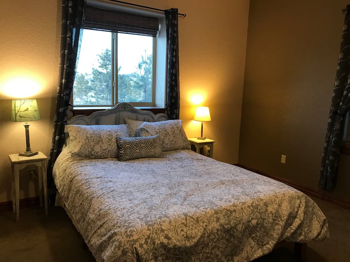 たくさんの光とクイーンサイズベッドを備えた地下ベッド、裏の池を眺めることができます。