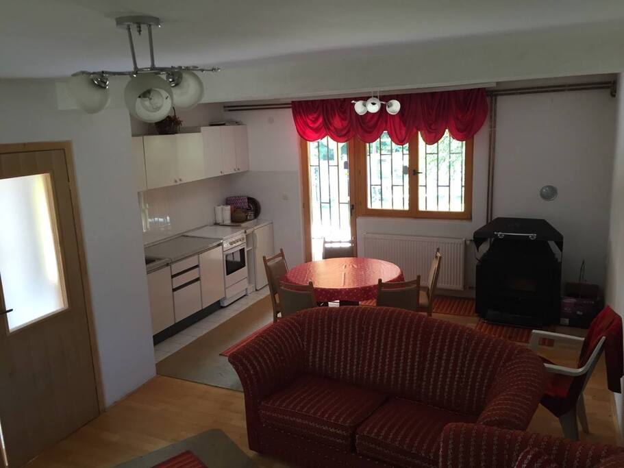 Kitchen, dining room and living room. Fire place.