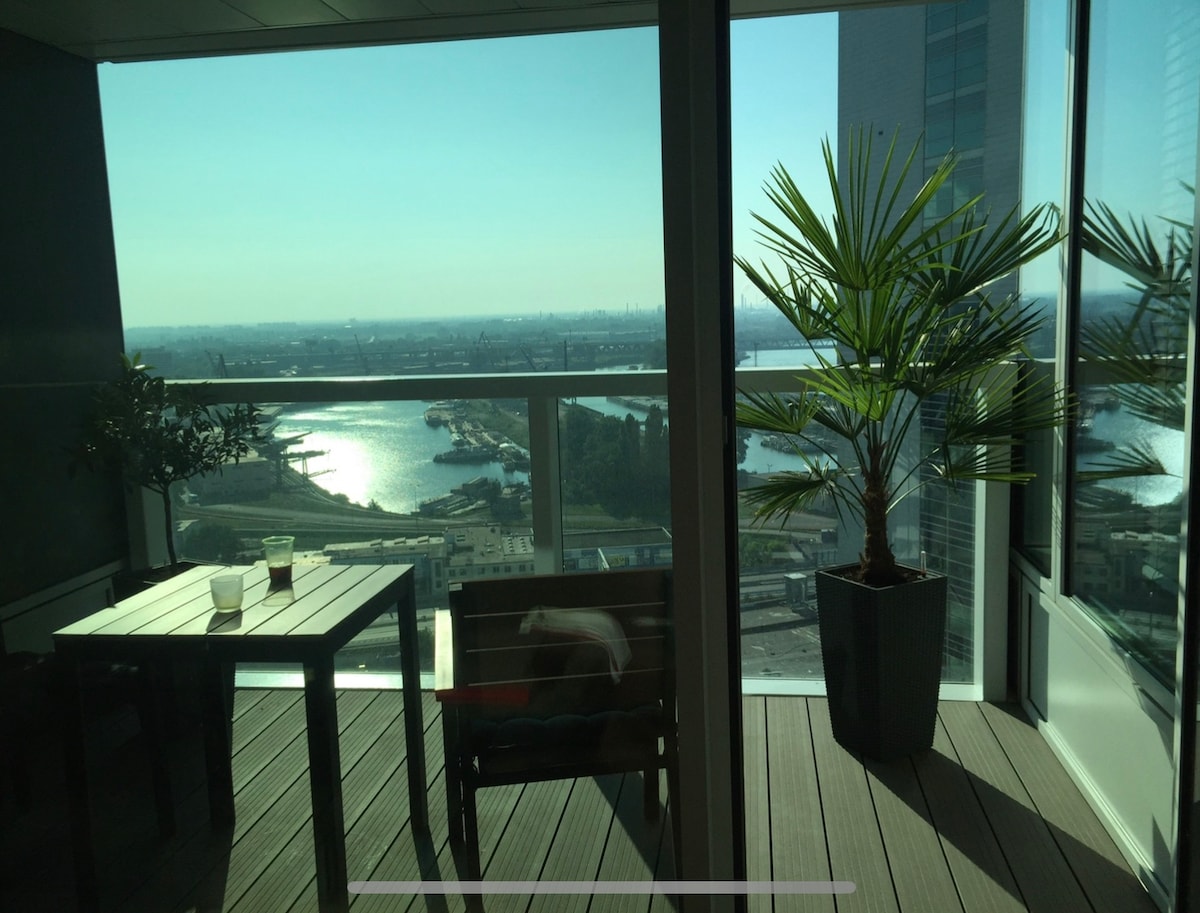 A private balcony is visible, featuring a small table and chair set against expansive windows. Lush greenery from a potted plant adds a natural touch. The scenic view displays a shimmering body of water and distant urban structures under a clear sky.