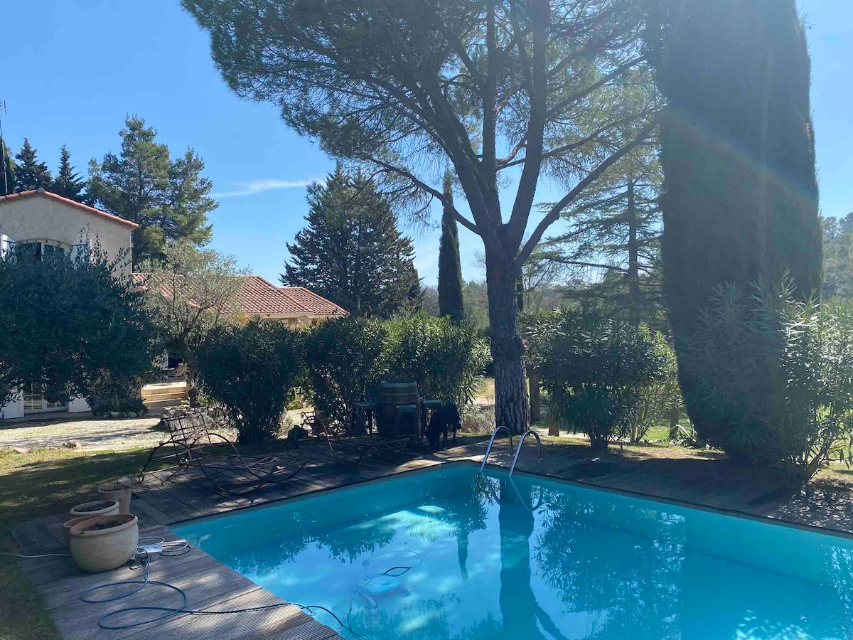 A tranquil pool area is surrounded by lush greenery and tall trees. Sunlight reflects on the clear blue water, which is complemented by a wooden deck. The setting offers a peaceful outdoors, ideal for relaxation.