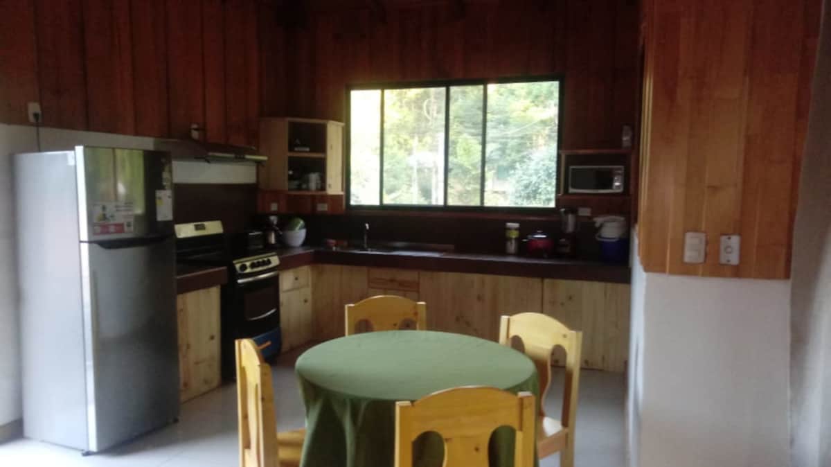 The kitchen area features wooden cabinetry and a modern stove, accompanied by a spacious refrigerator. A round dining table with yellow chairs is positioned centrally, while a large window allows natural light to brighten the space.
