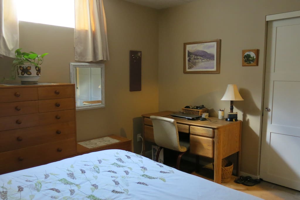 Lots of drawer and closet space, and a large desk to work at.