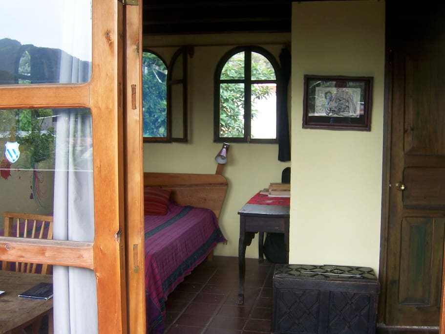 Looking in, from outside the door.