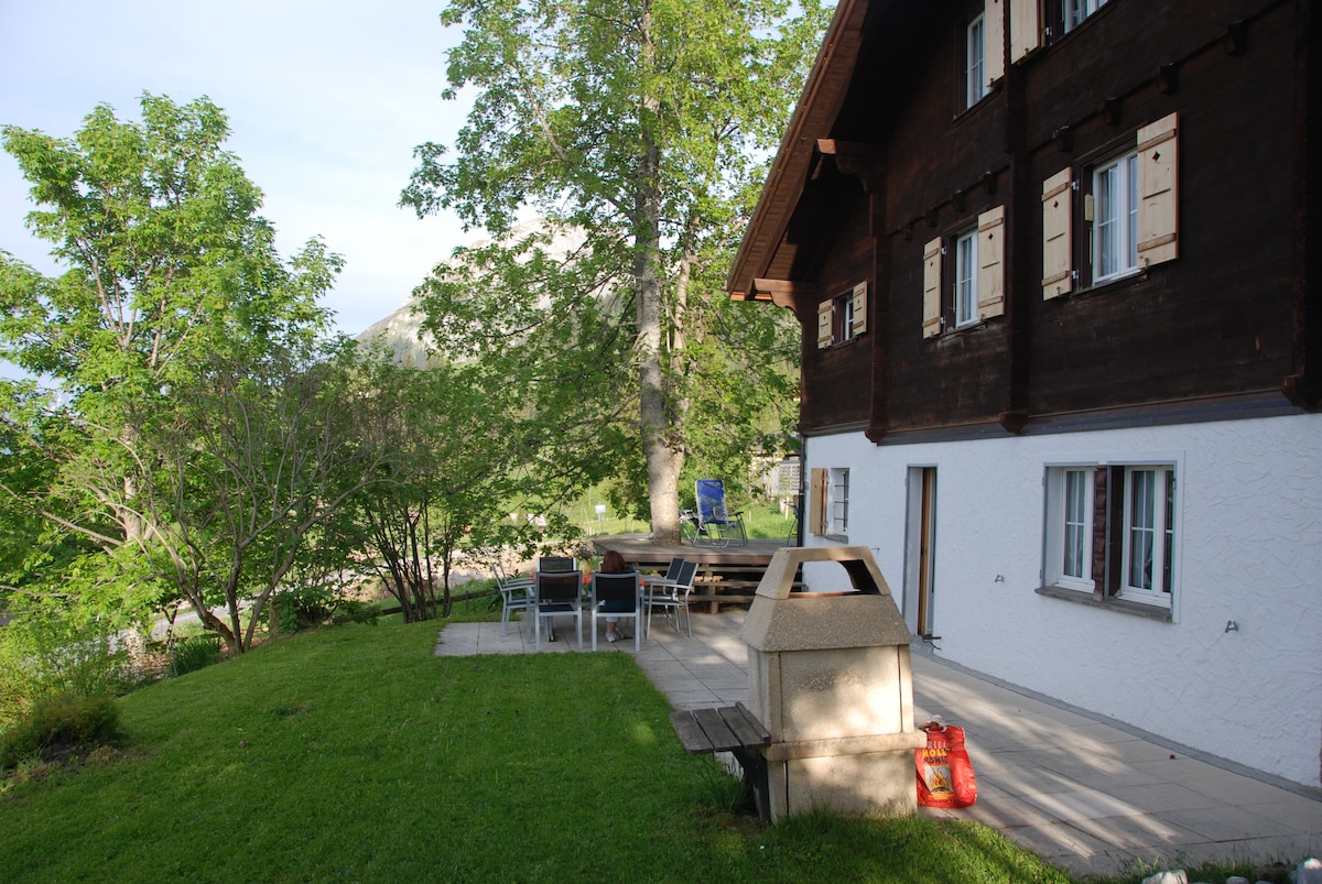 A spacious outdoor area features a large patio with a stone barbecue, surrounded by a well-maintained lawn. Several dining chairs and a table are arranged for outdoor meals, with lush greenery providing a natural backdrop to the chalet.