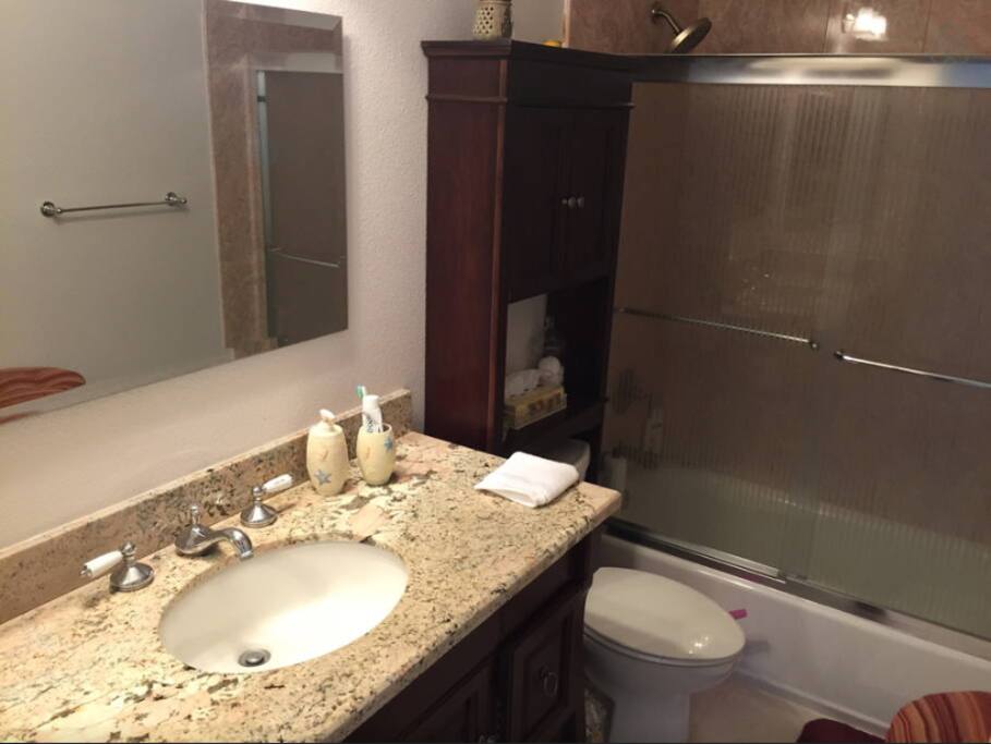 The bathroom + shower is located on the second floor next to the bedroom.