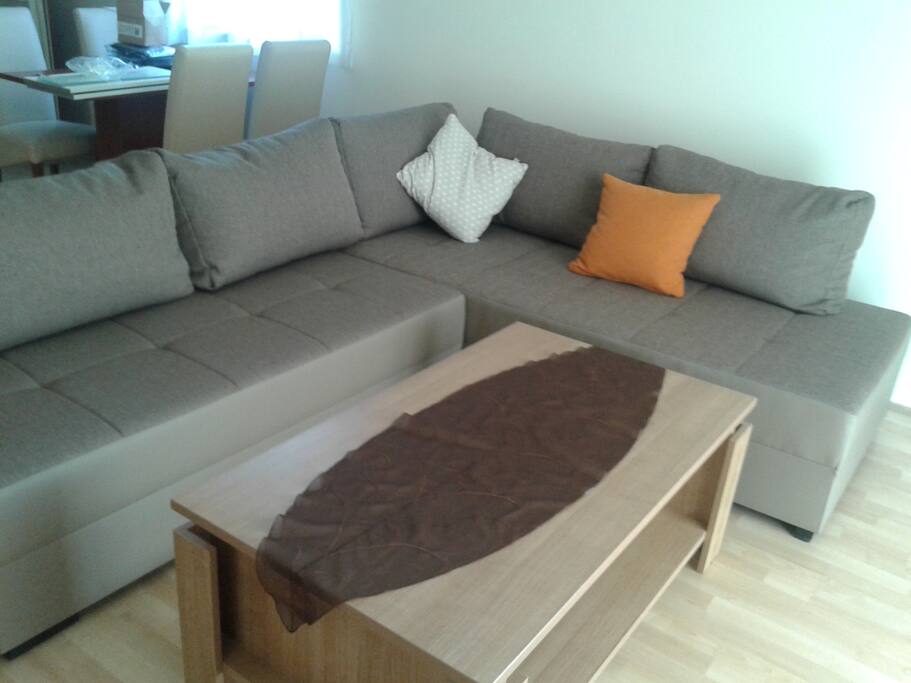 Wohnzimmer mit ausziehbarem Sofa fuer 2 Personen, Klima und TV.