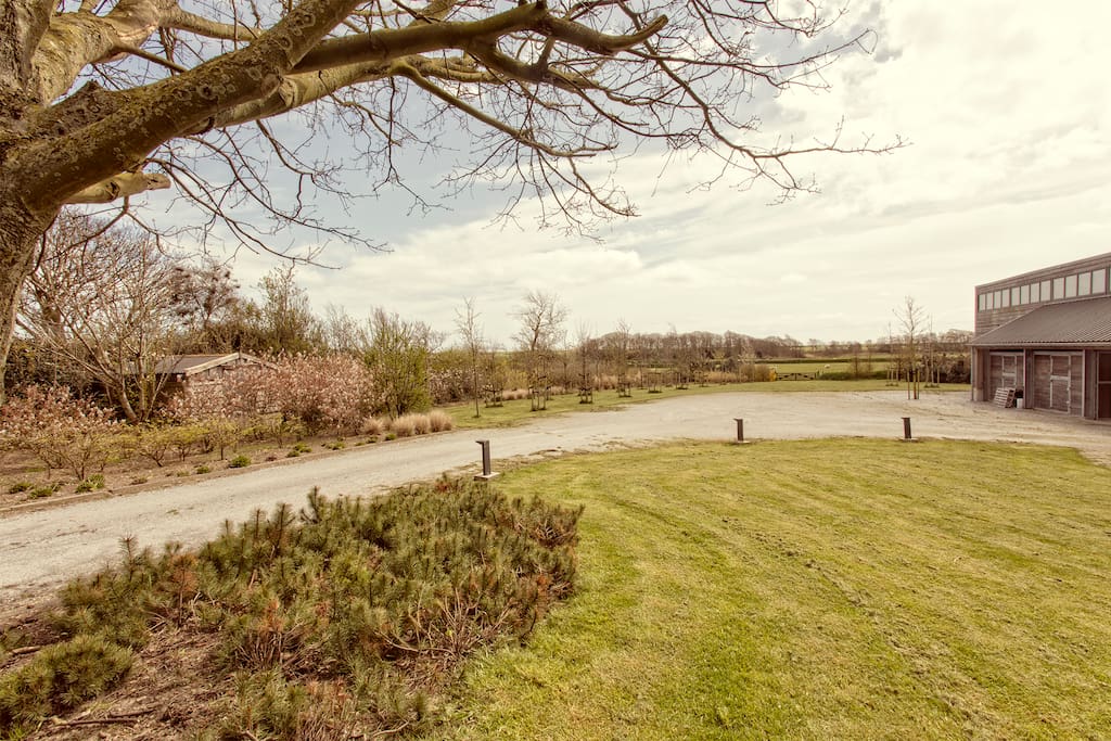 Grote tuin met voldoende parkeerruimte.