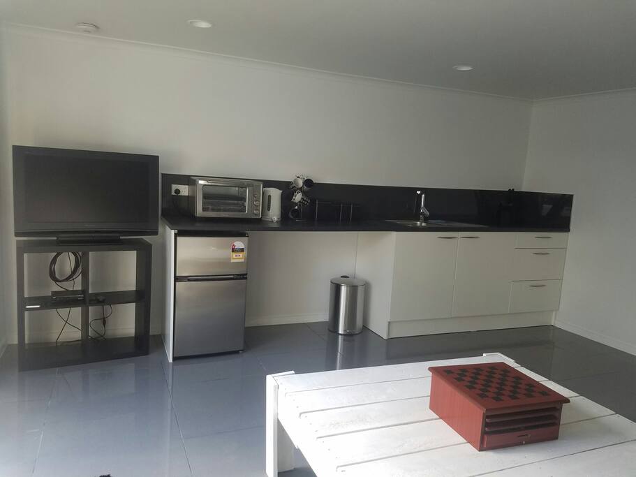 Your private kitchnette with TV and a set of few movies (no cable)
