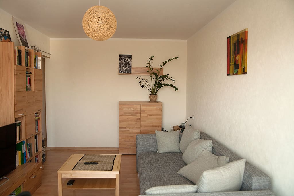 Comfy couch and widescreen TV (Youtube and smartphone enabled) in living room.
