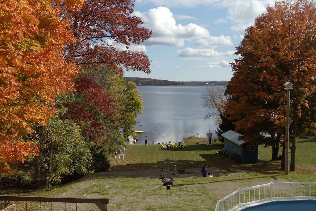 The view over the pool and beach 2 1/2 k across Stoco Lake to the edge of the Canadian shield