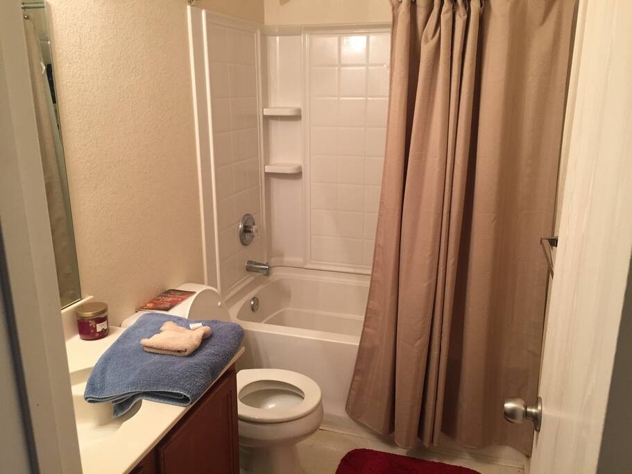 Full bathroom with toiletries, towels/rags