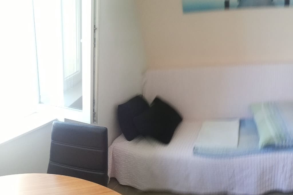 Main room, living and dining room, folding couch and kitchen table