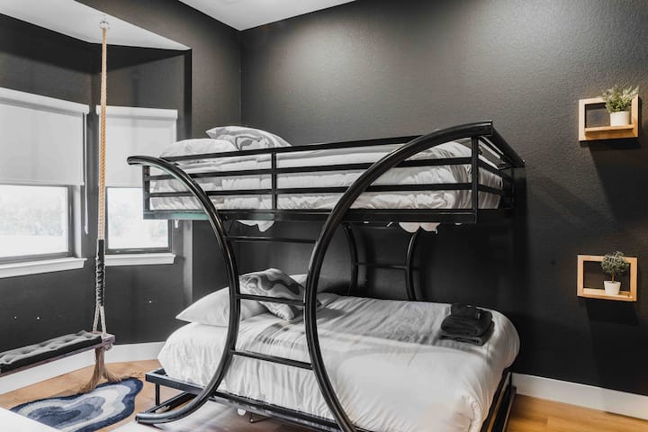 The coolest bunkbed room in Austin!

✔Double-size mattress x 2.
✔Decorative Swing. Take a selfie and tag us on Instagram! @austinecoranch
✔50" Smart TV
✔Candy machine!