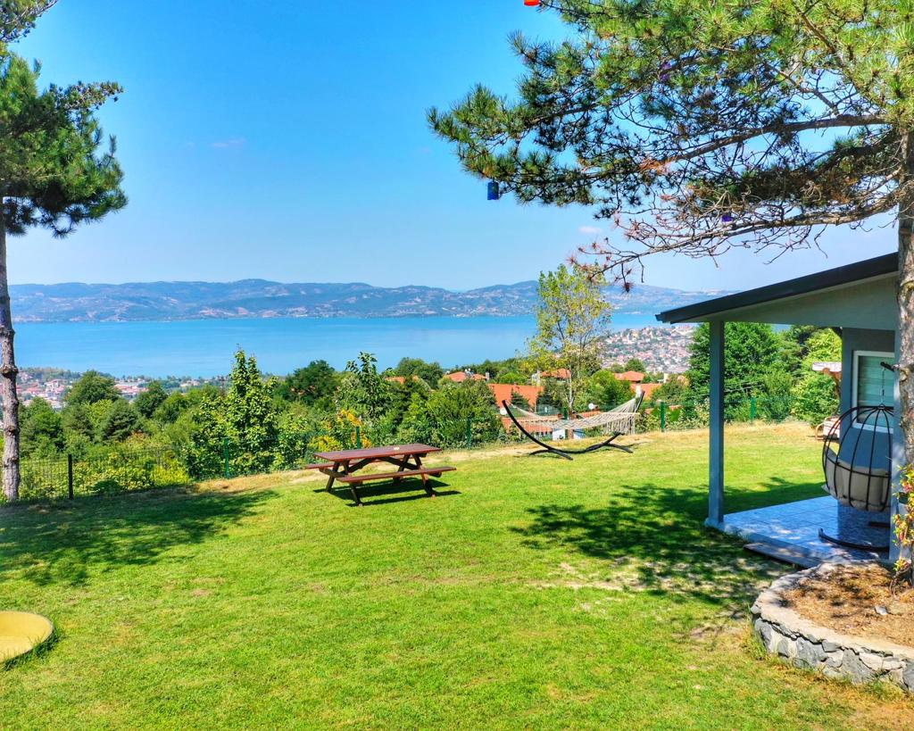 A spacious lawn area is framed by trees, with a picnic table positioned on the grass. A hammock is seen hanging nearby, and a view of the landscape and water extends in the background, showcasing the natural environment surrounding the property.