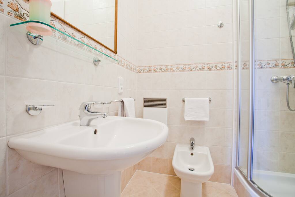 Bathroom with shower, bidet and toilet.
