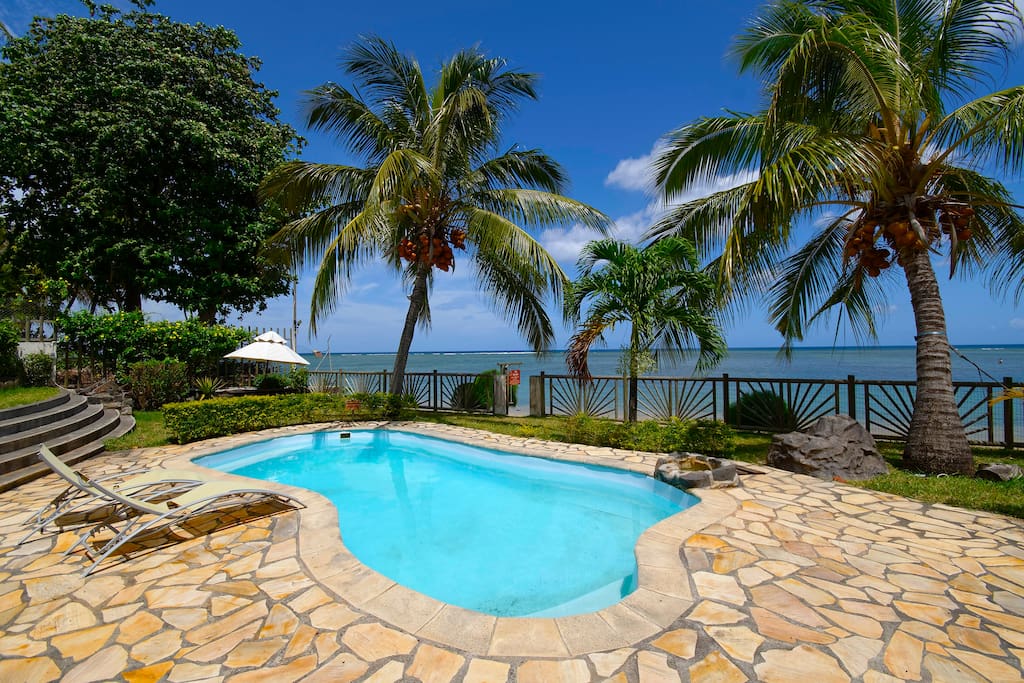 A serene pool area is surrounded by palm trees and lush greenery, with a glistening blue pool at the center. The stone patio offers chaise lounges, and a distant view of the ocean can be seen beyond a wooden fence.