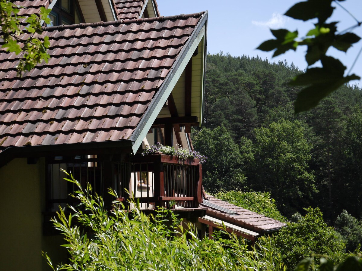 The image captures the charming roofline of the house, characterized by a sloped tile roof and decorative wooden eaves. Lush greenery surrounds the structure, offering a seamless connection to the natural landscape. Flower boxes are positioned along the balcony, adding a touch of color.