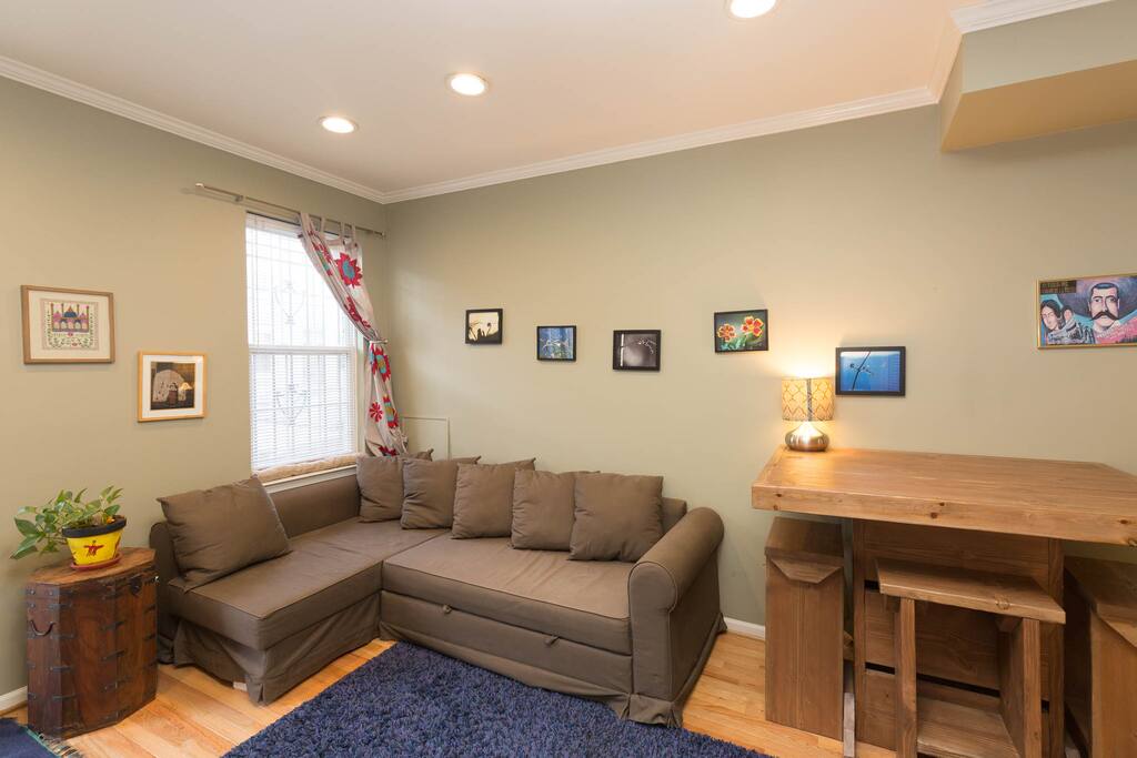 Large and comfortable couch pulls out into a queen-size bed.