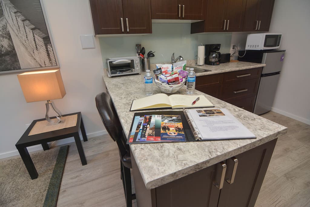 A Welcome basket, house instructions and pamphlets for location attractions.