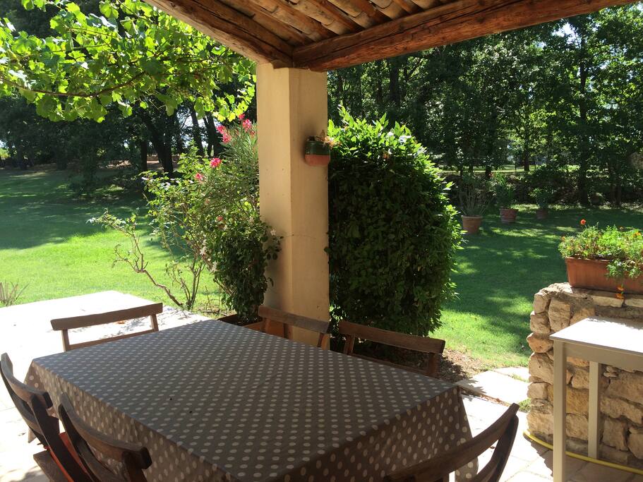 terrasse avec table et chaise, barbecue gaz