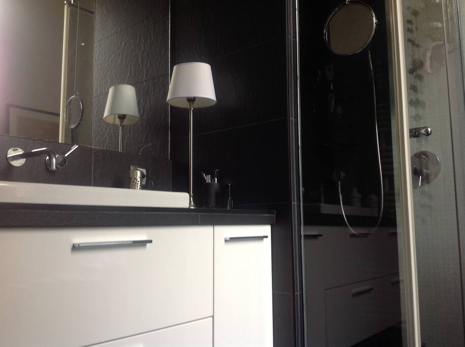Salle bain avec douche, baignoire et wc