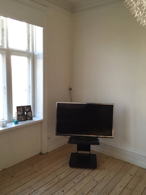 TV with attached HDMI cable that allows you to connect your own labtop.